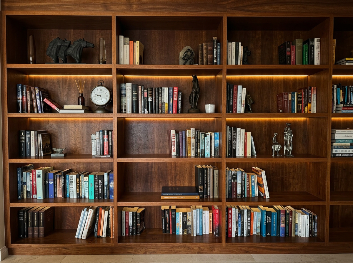 Built-in timber shelving styled in a polished living space