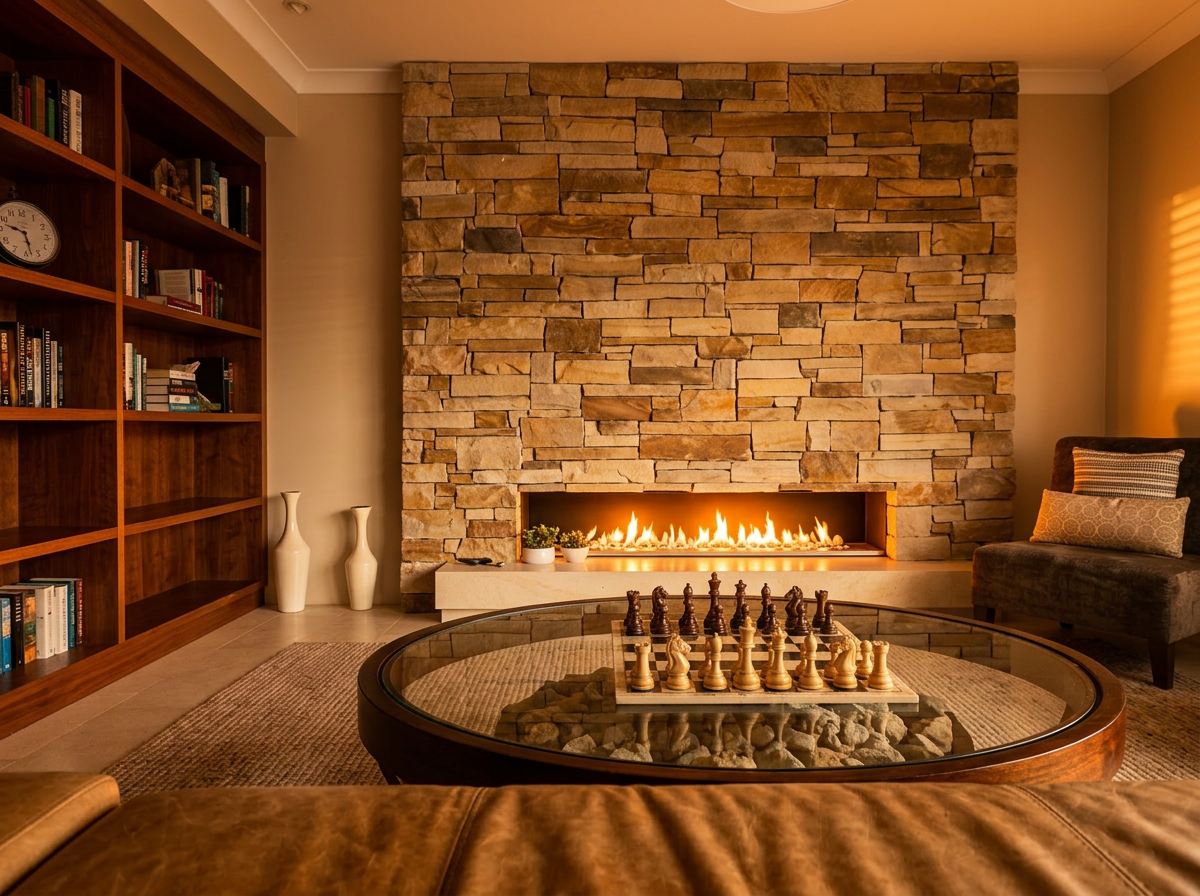 Stone fireplace and coffee table styled for guest-ready presentation